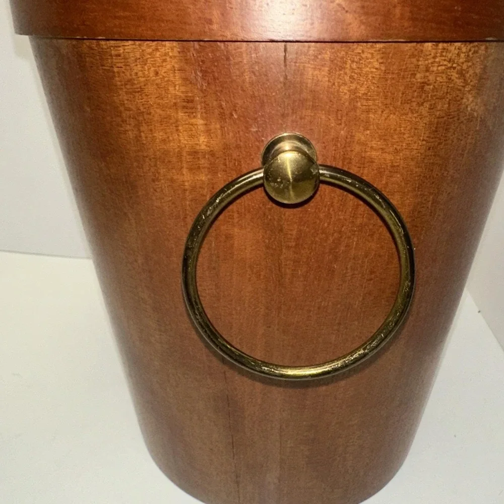 Vintage Wood Ice Bucket W/ Tongs Brass Handles Mid Century 11